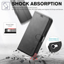 RFID blocking black wallet case for the 2025 Apple iPhone 16E in PU leather with a built in kickstand and card holder