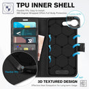 RFID blocking black wallet case for the 2025 Apple iPhone 16E in PU leather with a built in kickstand and card holder