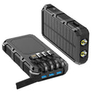 PSOOO M2 Solar Power Bank 20000mAh Rated, 8 Outputs, 4 Built-In Cables, Wireless Charging, Dual LED Flashlight