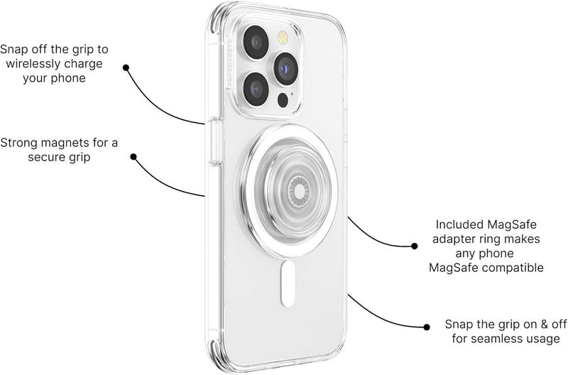 round Phone Grip Compatible with Magsafe, Adapter Ring Included, Phone Holder, Wireless Charging Compatible - Clear