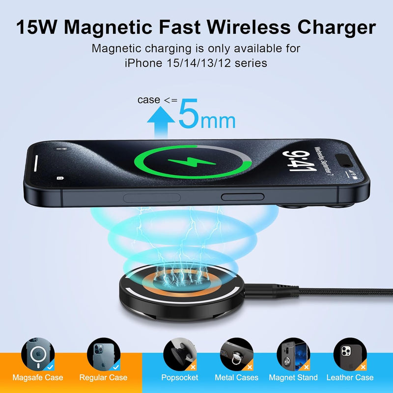 Samsung 15W Magnetic Wireless Charger Fast Charging Pad Mag - Safe Wireless Charging Station S24 Ultra S23 S22 S21 Z Fold5, iPhone 15 14 13 12,Pixel 8a 8 Pro 7a 6 Pro - Gorilla Cases