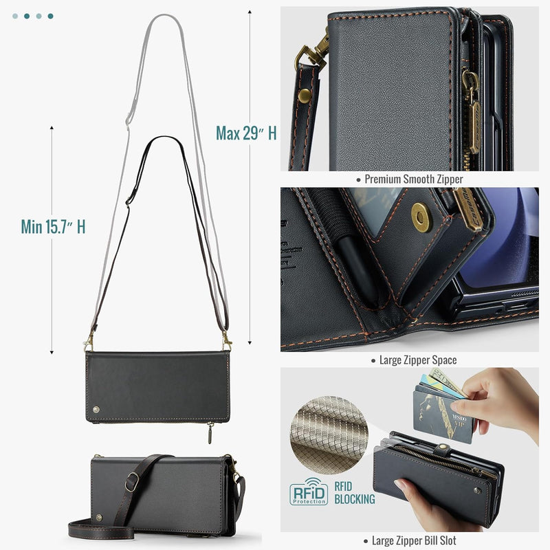 Samsung Galaxy Z Fold 5 Wallet S Pen Holder PU Leather Strap Wristlet Flip Magnetic Closure Card Holder - Gorilla Cases