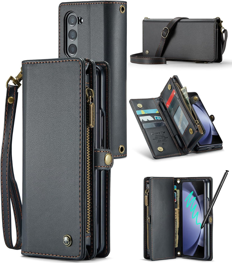 Samsung Galaxy Z Fold 5 Wallet S Pen Holder PU Leather Strap Wristlet Flip Magnetic Closure Card Holder - Gorilla Cases