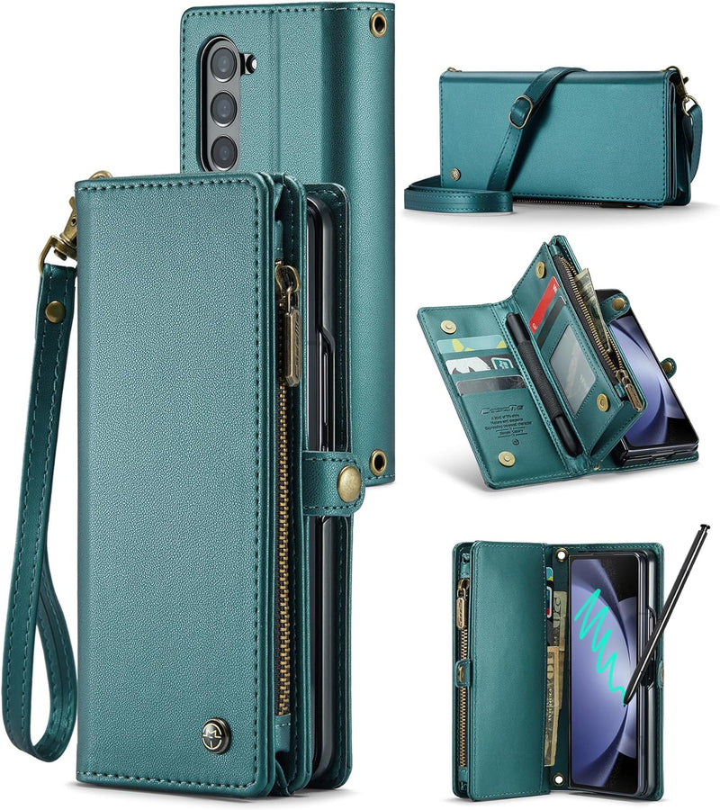 Samsung Galaxy Z Fold 5 Wallet S Pen Holder PU Leather Strap Wristlet Flip Magnetic Closure Card Holder - Gorilla Cases