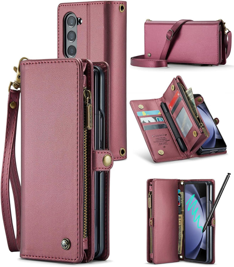 Samsung Galaxy Z Fold 5 Wallet S Pen Holder PU Leather Strap Wristlet Flip Magnetic Closure Card Holder - Gorilla Cases