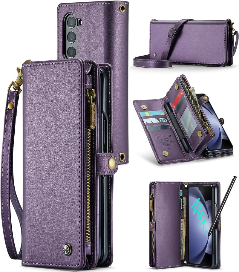 Samsung Galaxy Z Fold 5 Wallet S Pen Holder PU Leather Strap Wristlet Flip Magnetic Closure Card Holder - Gorilla Cases