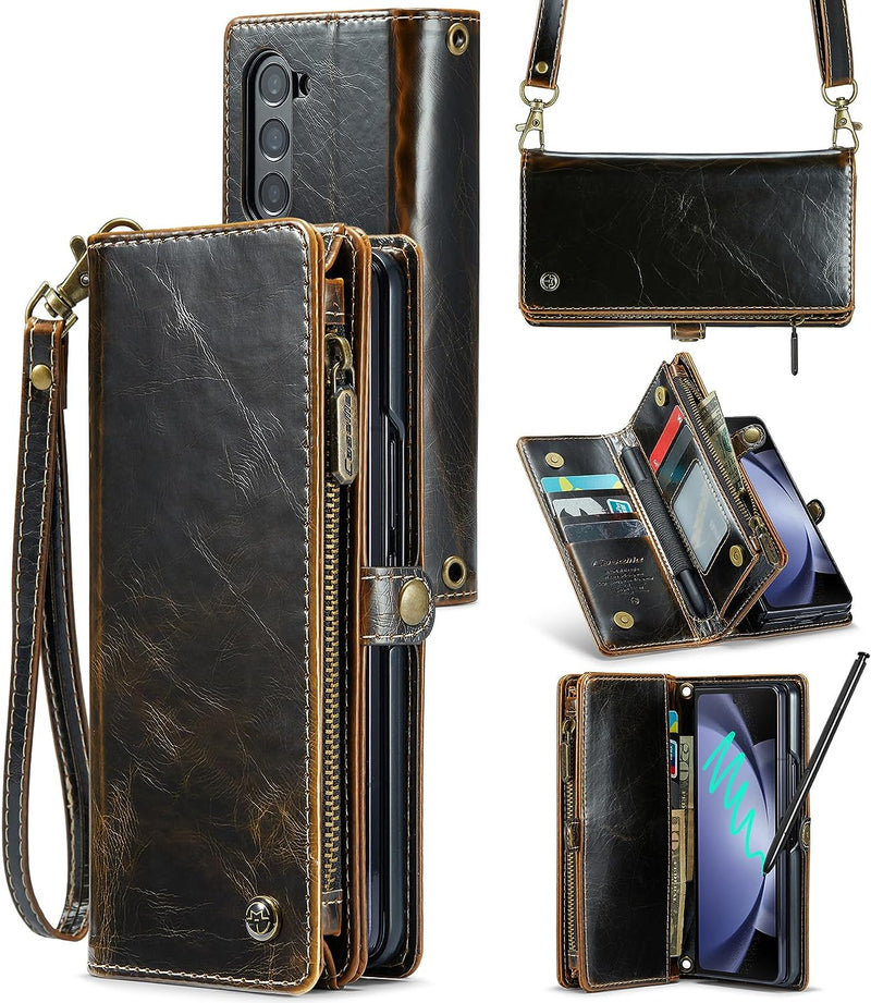 Samsung Galaxy Z Fold 5 Wallet S Pen Holder PU Leather Strap Wristlet Flip Magnetic Closure Card Holder - Gorilla Cases