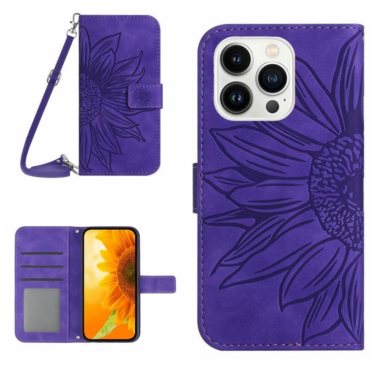 Skin Feel Sun Flower Embossed Flip Leather Phone Case with Lanyard, For iPhone 16e, For iPhone 16 Pro Max, For iPhone 16 Pro, For iPhone 16 Plus
