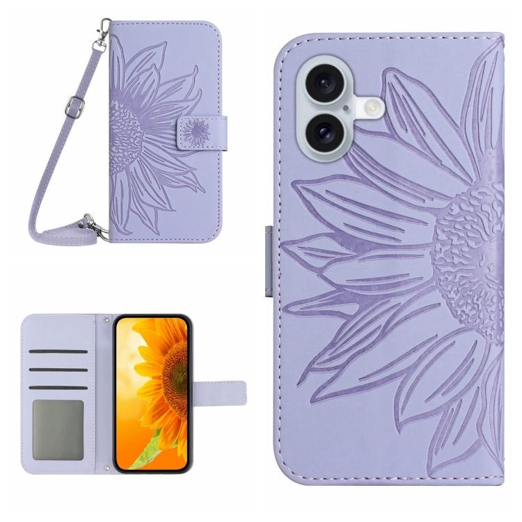 Skin Feel Sun Flower Embossed Flip Leather Phone Case with Lanyard, For iPhone 16e, For iPhone 16 Pro Max, For iPhone 16 Pro, For iPhone 16 Plus