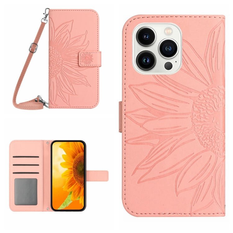 Skin Feel Sun Flower Embossed Flip Leather Phone Case with Lanyard, For iPhone 16e, For iPhone 16 Pro Max, For iPhone 16 Pro, For iPhone 16 Plus