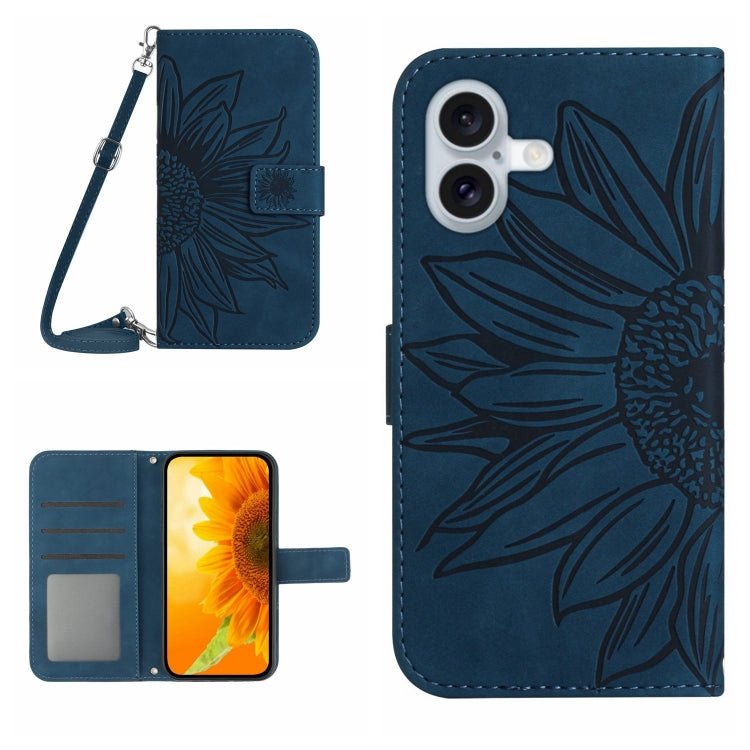 Skin Feel Sun Flower Embossed Flip Leather Phone Case with Lanyard, For iPhone 16e, For iPhone 16 Pro Max, For iPhone 16 Pro, For iPhone 16 Plus
