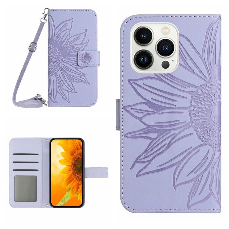 Skin Feel Sun Flower Embossed Flip Leather Phone Case with Lanyard, For iPhone 16e, For iPhone 16 Pro Max, For iPhone 16 Pro, For iPhone 16 Plus
