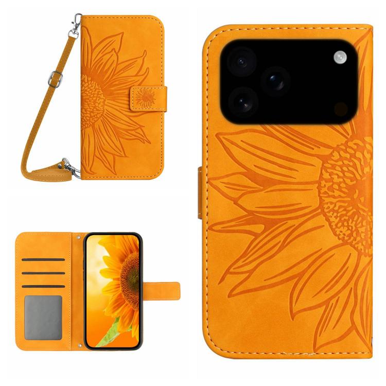 Skin Feel Sun Flower Embossed Flip Leather Phone Case with Lanyard, For iPhone 17 Pro Max, For iPhone 17 Pro, For iPhone 17, For iPhone 17 Air