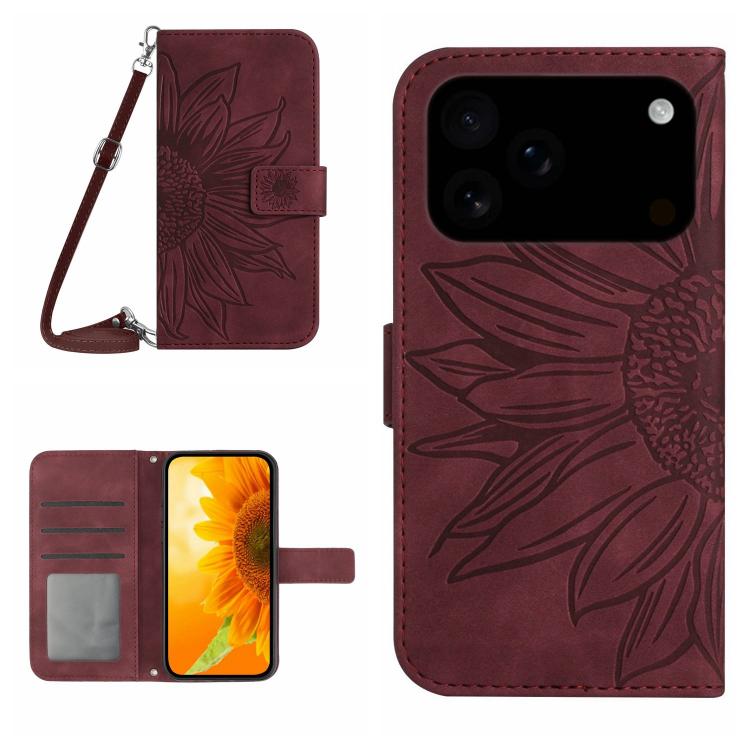 Skin Feel Sun Flower Embossed Flip Leather Phone Case with Lanyard, For iPhone 17 Pro Max, For iPhone 17 Pro, For iPhone 17, For iPhone 17 Air