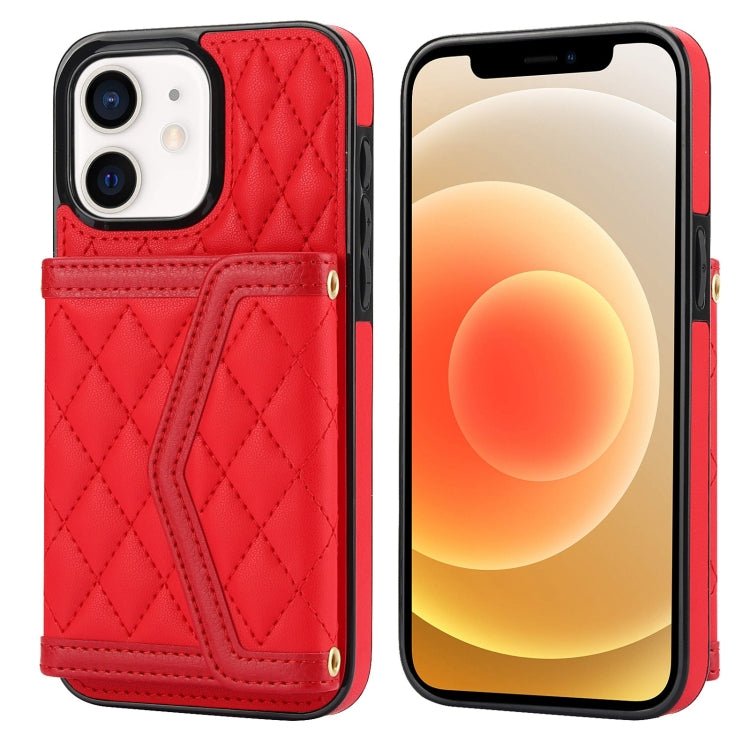 Splicing Rhombic Texture Card Bag Phone Case with Long Lanyard