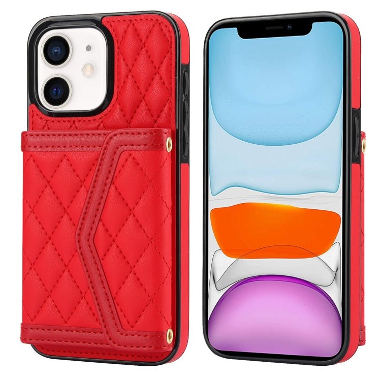 Splicing Rhombic Texture Card Bag Phone Case with Long Lanyard