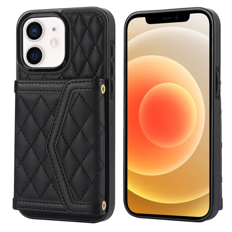 Splicing Rhombic Texture Card Bag Phone Case with Long Lanyard