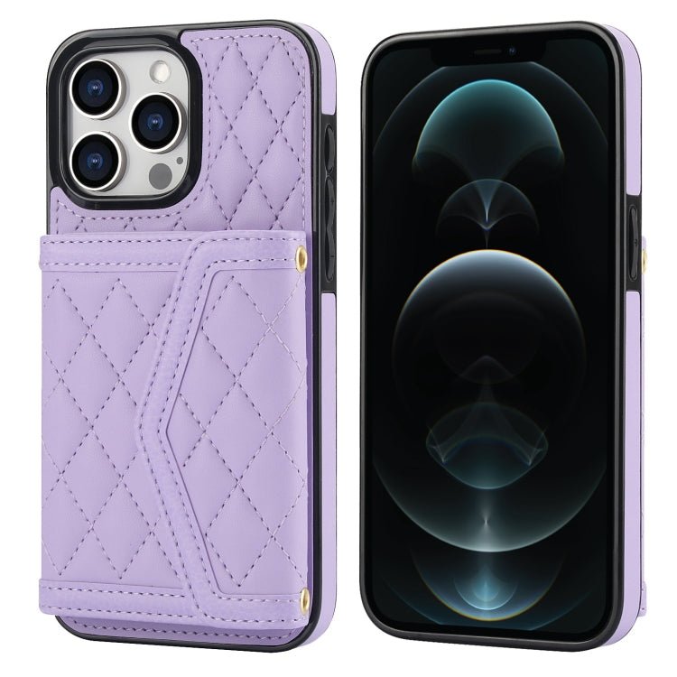 Splicing Rhombic Texture Card Bag Phone Case with Long Lanyard