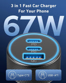 USB C Car Charger, 3 - Port 67W Dual USB - C & USB - A Car Power Adapter