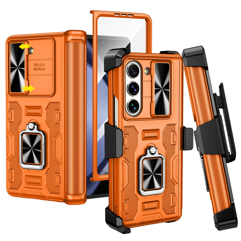 VEGO for Galaxy Z Fold 7 Case with Stand, 360°Ring Magnetic Kickstand & Hinge Protection & Front Screen Protector & Camera Cover & Belt Clip Holster Case for Samsung Galaxy Z Fold 7 5G - Orange