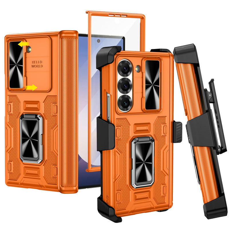 VEGO for Galaxy Z Fold 7 Case with Stand, 360°Ring Magnetic Kickstand & Hinge Protection & Front Screen Protector & Camera Cover & Belt Clip Holster Case for Samsung Galaxy Z Fold 7 5G - Orange