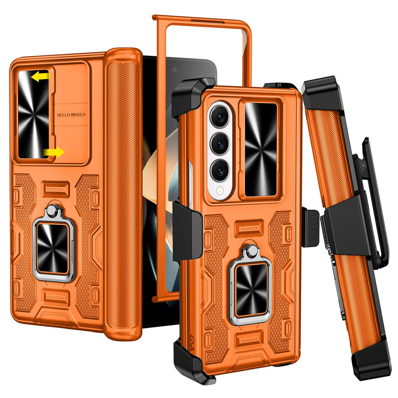 VEGO for Galaxy Z Fold 7 Case with Stand, 360°Ring Magnetic Kickstand & Hinge Protection & Front Screen Protector & Camera Cover & Belt Clip Holster Case for Samsung Galaxy Z Fold 7 5G - Orange