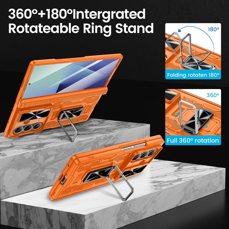 VEGO for Galaxy Z Fold 7 Case with Stand, 360°Ring Magnetic Kickstand & Hinge Protection & Front Screen Protector & Camera Cover & Belt Clip Holster Case for Samsung Galaxy Z Fold 7 5G - Orange