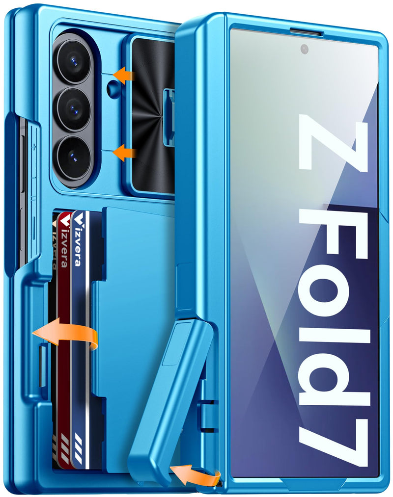 Vizvera for Samsung Galaxy Z Fold 7 Case RFID Wallet with Cards Holder [Hinge Cover] [Camera Cover] Shockproof Silicone Protective Phone Case for Z Fold 7 2025 - Lake Blue