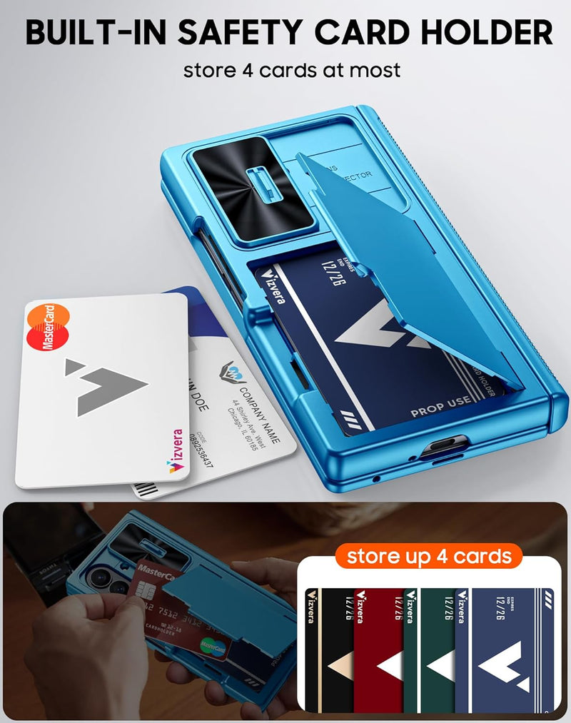 Vizvera for Samsung Galaxy Z Fold 7 Case RFID Wallet with Cards Holder [Hinge Cover] [Camera Cover] Shockproof Silicone Protective Phone Case for Z Fold 7 2025 - Lake Blue