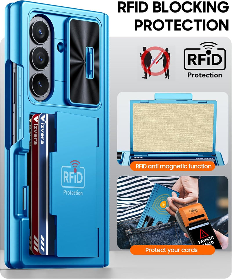 Vizvera for Samsung Galaxy Z Fold 7 Case RFID Wallet with Cards Holder [Hinge Cover] [Camera Cover] Shockproof Silicone Protective Phone Case for Z Fold 7 2025 - Lake Blue