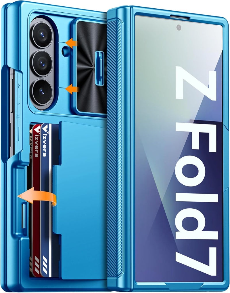 Vizvera for Samsung Galaxy Z Fold 7 Case RFID Wallet with Cards Holder [Hinge Cover] [Camera Cover] Shockproof Silicone Protective Phone Case for Z Fold 7 2025 - Lake Blue