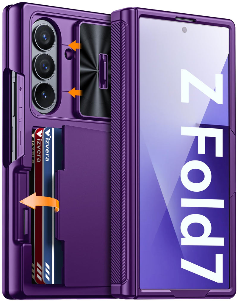 Vizvera for Samsung Galaxy Z Fold 7 Case RFID Wallet with Cards Holder [Hinge Cover] [Camera Cover] Shockproof Silicone Protective Phone Case for Z Fold 7 2025 - Lake Blue