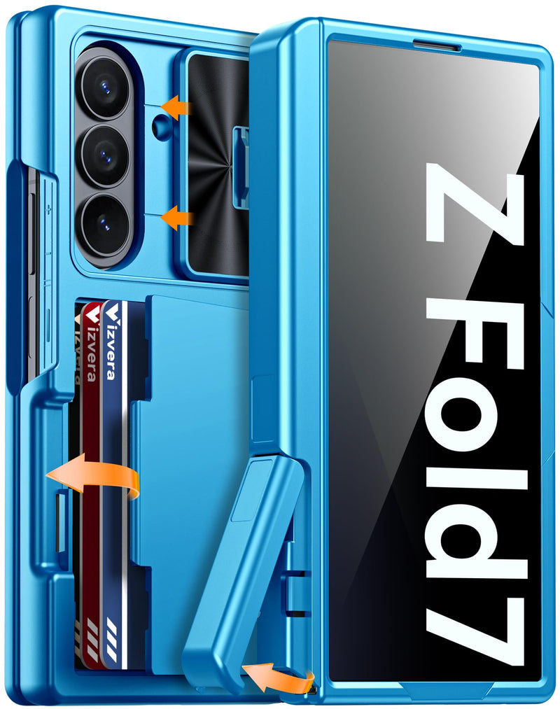 Vizvera for Samsung Galaxy Z Fold 7 Case RFID Wallet with Cards Holder [Hinge Cover] [Camera Cover] Shockproof Silicone Protective Phone Case for Z Fold 7 2025 - Lake Blue