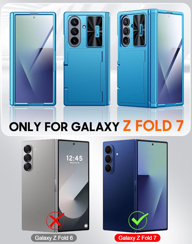 Vizvera for Samsung Galaxy Z Fold 7 Case RFID Wallet with Cards Holder [Hinge Cover] [Camera Cover] Shockproof Silicone Protective Phone Case for Z Fold 7 2025 - Lake Blue