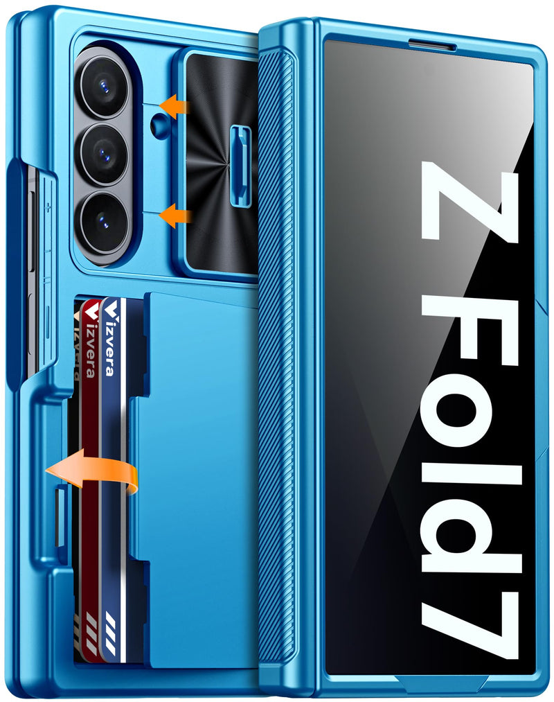 Vizvera for Samsung Galaxy Z Fold 7 Case RFID Wallet with Cards Holder [Hinge Cover] [Camera Cover] Shockproof Silicone Protective Phone Case for Z Fold 7 2025 - Lake Blue