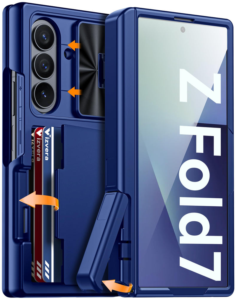 Vizvera for Samsung Galaxy Z Fold 7 Case RFID Wallet with Cards Holder [Hinge Cover] [Camera Cover] Shockproof Silicone Protective Phone Case for Z Fold 7 2025 - Lake Blue
