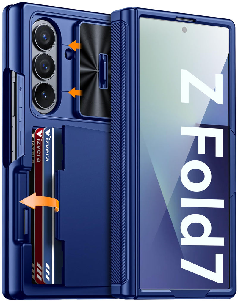 Vizvera for Samsung Galaxy Z Fold 7 Case RFID Wallet with Cards Holder [Hinge Cover] [Camera Cover] Shockproof Silicone Protective Phone Case for Z Fold 7 2025 - Lake Blue