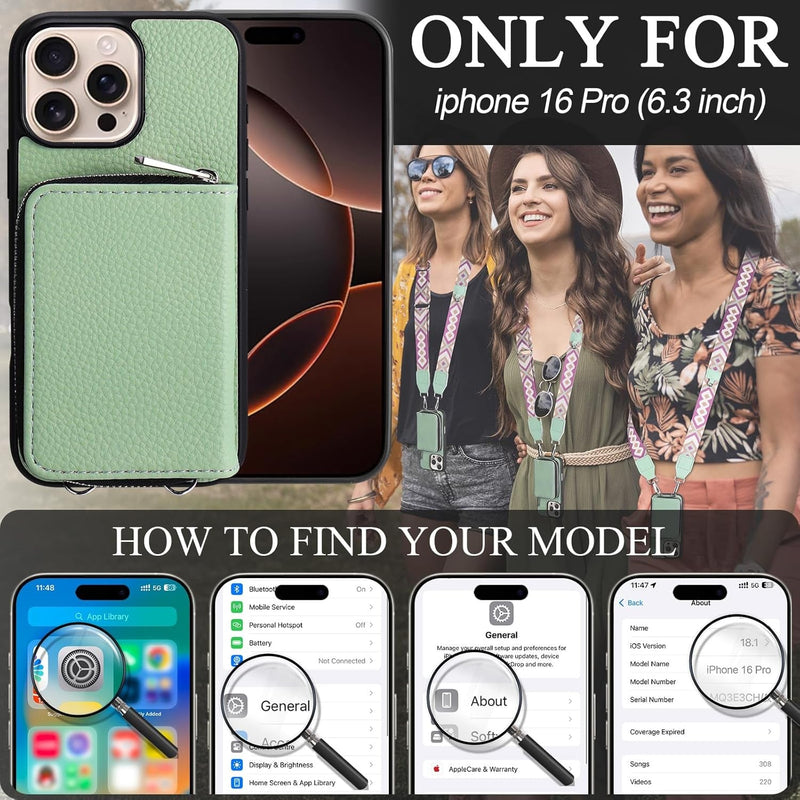 Wallet Case for Iphone 16 Pro, RFID Blocking PU Leather Crossbody Phone Purse with Card Holder, Zipper Pocket, Wrist Strap & Adjustable Lanyard for Women 6.3" 5G, Green