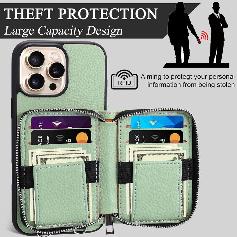 Wallet Case for Iphone 16 Pro, RFID Blocking PU Leather Crossbody Phone Purse with Card Holder, Zipper Pocket, Wrist Strap & Adjustable Lanyard for Women 6.3" 5G, Green