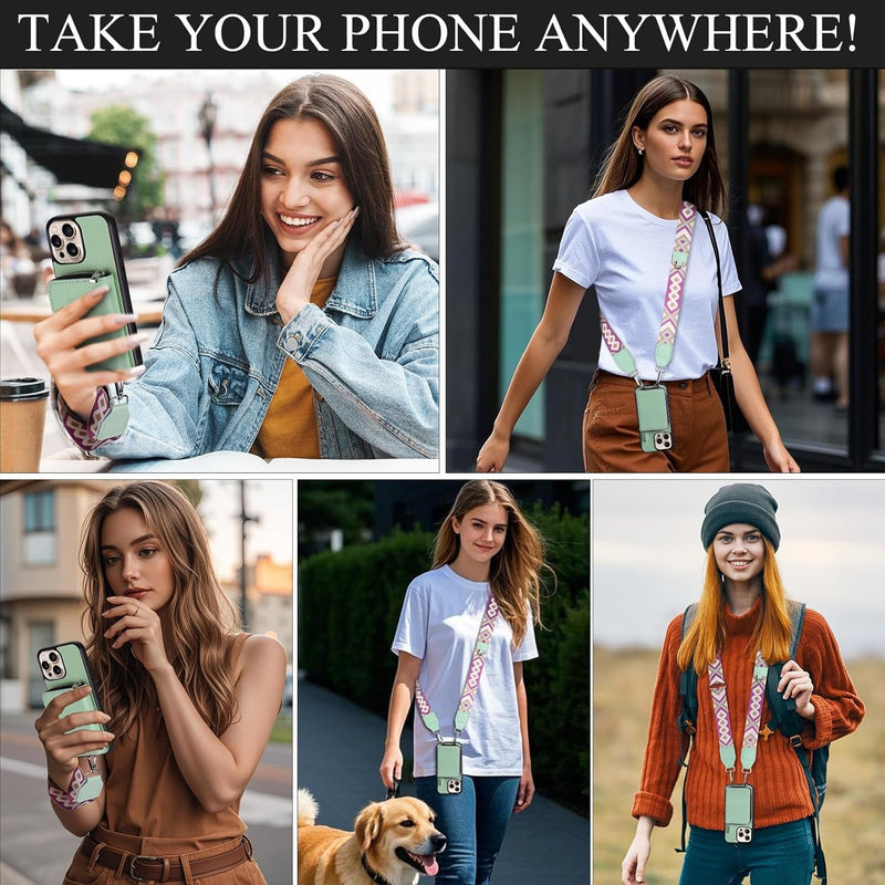 Wallet Case for Iphone 16 Pro, RFID Blocking PU Leather Crossbody Phone Purse with Card Holder, Zipper Pocket, Wrist Strap & Adjustable Lanyard for Women 6.3" 5G, Green