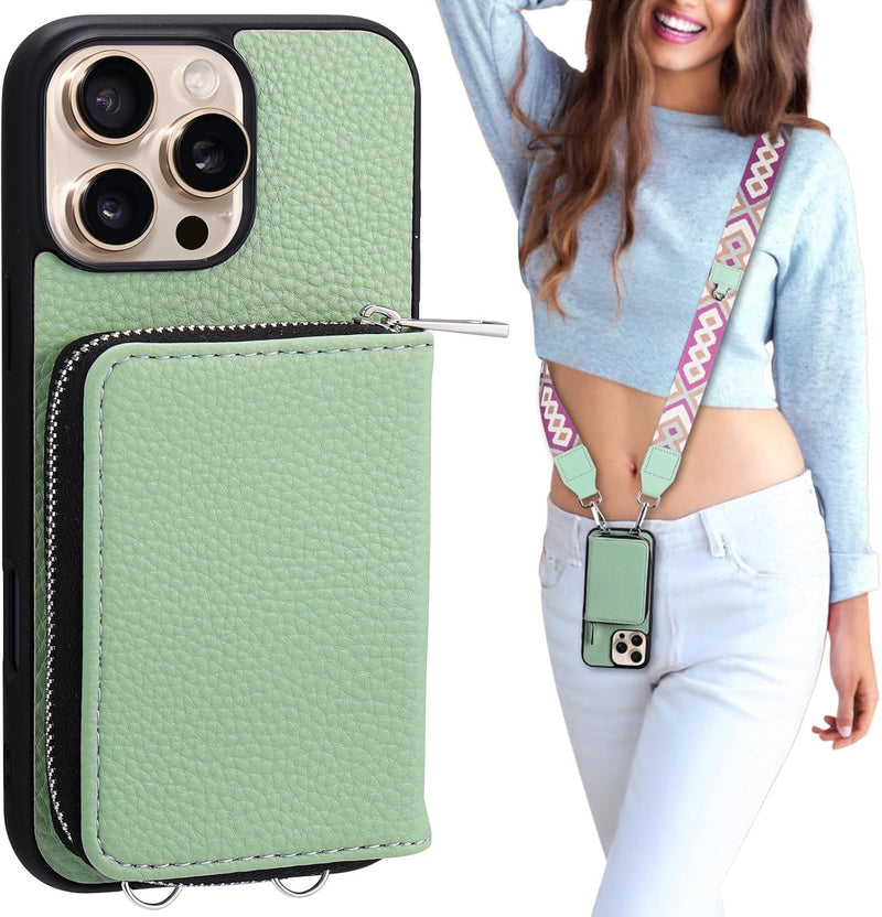 Wallet Case for Iphone 16 Pro, RFID Blocking PU Leather Crossbody Phone Purse with Card Holder, Zipper Pocket, Wrist Strap & Adjustable Lanyard for Women 6.3" 5G, Green