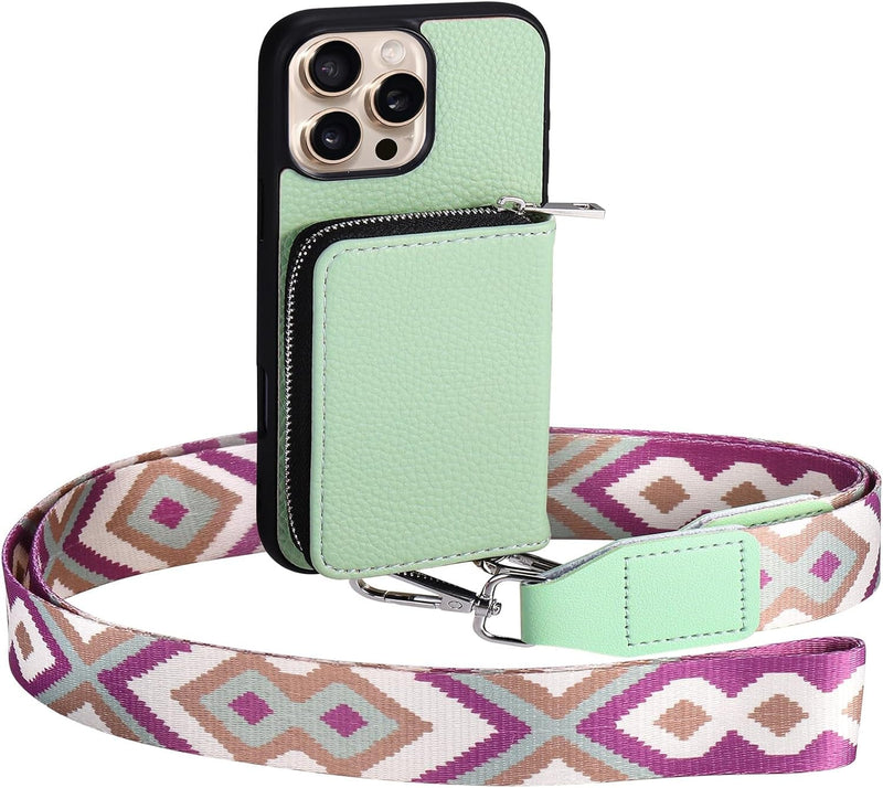 Wallet Case for Iphone 16 Pro, RFID Blocking PU Leather Crossbody Phone Purse with Card Holder, Zipper Pocket, Wrist Strap & Adjustable Lanyard for Women 6.3" 5G, Green