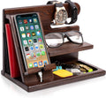 Wood Phone Docking Station for Men - Desk or Nightstand Organizer - Birthday Gifts for Husband or Dad - Anniversary Idea from Wife - Key Holder, Stand Wallet, Watch & Essentials (Brown)