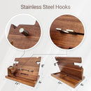 Mens walnut wood docking station and nightstand organizer with RFID leather wallet phone and tablet charging stand.