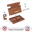 Mens walnut wood docking station and nightstand organizer with RFID leather wallet phone and tablet charging stand.