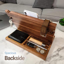 Mens walnut wood docking station and nightstand organizer with RFID leather wallet phone and tablet charging stand.