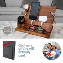 Mens walnut wood docking station and nightstand organizer with RFID leather wallet phone and tablet charging stand.