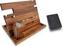 Mens walnut wood docking station and nightstand organizer with RFID leather wallet phone and tablet charging stand.