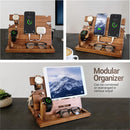 Mens walnut wood docking station and nightstand organizer with RFID leather wallet phone and tablet charging stand.