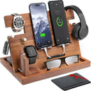 Mens walnut wood docking station and nightstand organizer with RFID leather wallet phone and tablet charging stand.